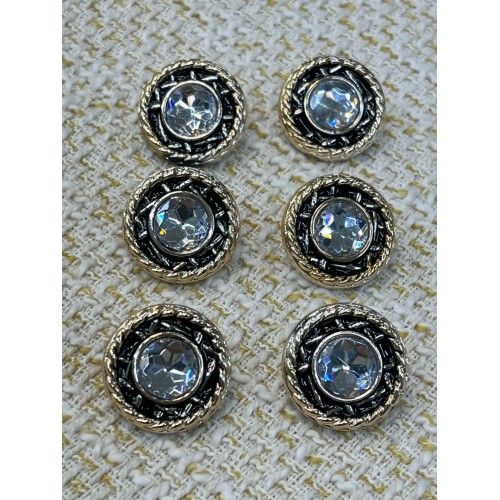 ✨ Siyah Altın Çerçeveli Kristal Taşlı Metal Dekoratif Düğme 23 MM (6 ADET)