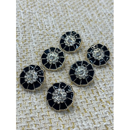✨ Siyah Mineli Çiçek Formlu Kristal Taşlı Altın Metal Dekoratif Düğme 23 MM 6 ADET