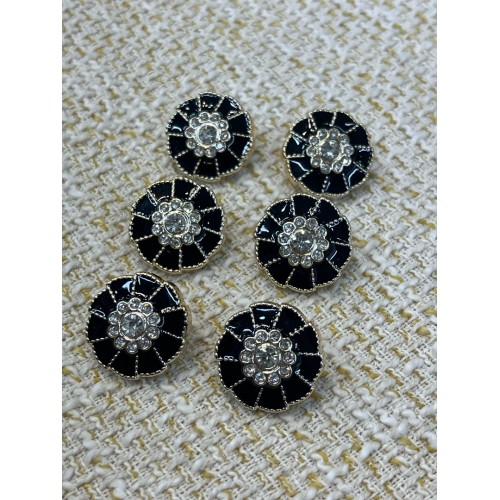 ✨ Siyah Mineli Çiçek Formlu Kristal Taşlı Altın Metal Dekoratif Düğme 23 MM 6 ADET