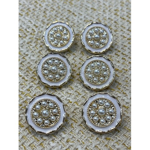 ✨ Beyaz Mineli İnci Detaylı Altın Çerçeveli Metal Dekoratif Düğme 23 MM 6 ADET