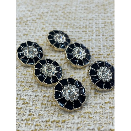 ✨ Siyah Mineli Çiçek Formlu Kristal Taşlı Altın Metal Dekoratif Düğme 23 MM 6 ADET