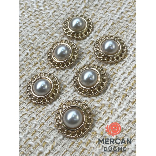✨ Altın Zincir Detaylı İnci Düğme 23 mm (6 ADET)