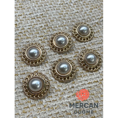 ✨ Altın Zincir Detaylı İnci Düğme 23 mm