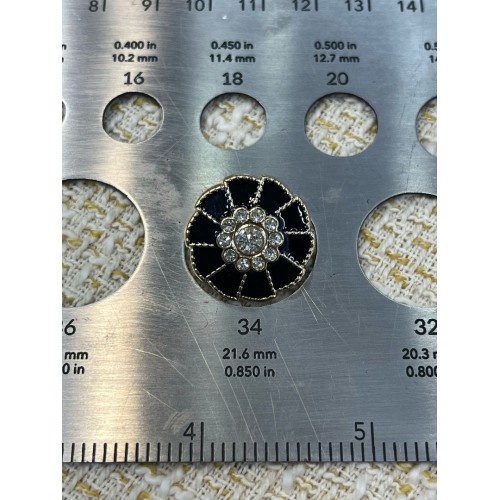 ✨ Siyah Mineli Çiçek Formlu Kristal Taşlı Altın Metal Dekoratif Düğme 23 MM 6 ADET