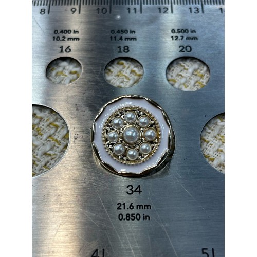 ✨ Beyaz Mineli İnci Detaylı Altın Çerçeveli Metal Dekoratif Düğme 23 MM 6 ADET