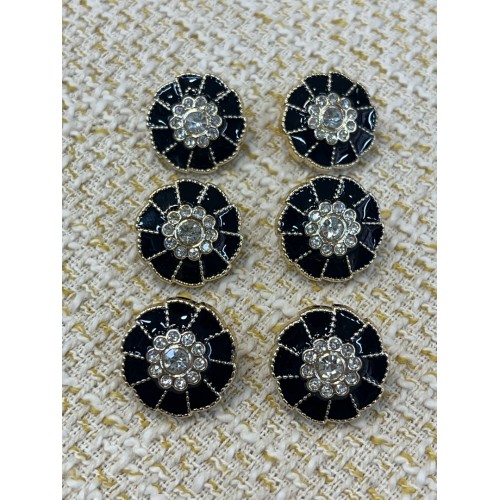 ✨ Siyah Mineli Çiçek Formlu Kristal Taşlı Altın Metal Dekoratif Düğme 23 MM 6 ADET