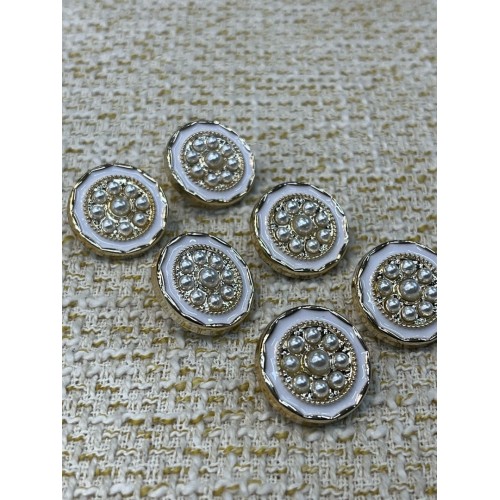 ✨ Beyaz Mineli İnci Detaylı Altın Çerçeveli Metal Dekoratif Düğme 23 MM 6 ADET