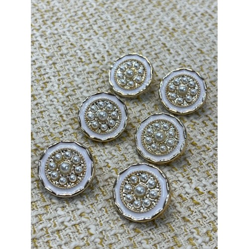 ✨ Beyaz Mineli İnci Detaylı Altın Çerçeveli Metal Dekoratif Düğme 23 MM 6 ADET
