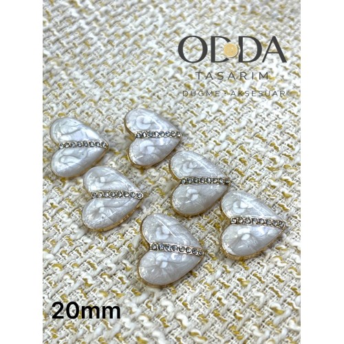 ✨ 6’lı 20 mm Gold Çerçeveli Kalp Form Sedef Görünümlü Taşlı Düğme Seti – Zarif & Şık